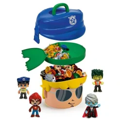 PINYPON ACTION Muñecos Articulados*Contenedor Cabezon Policia Y Monstruos
